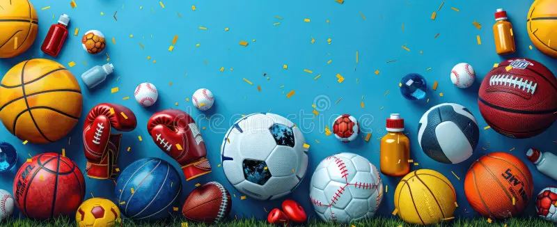 banner featuring sports equipment like basketball football ball baseball bat tennis racket badminton shuttlecocks 321049431